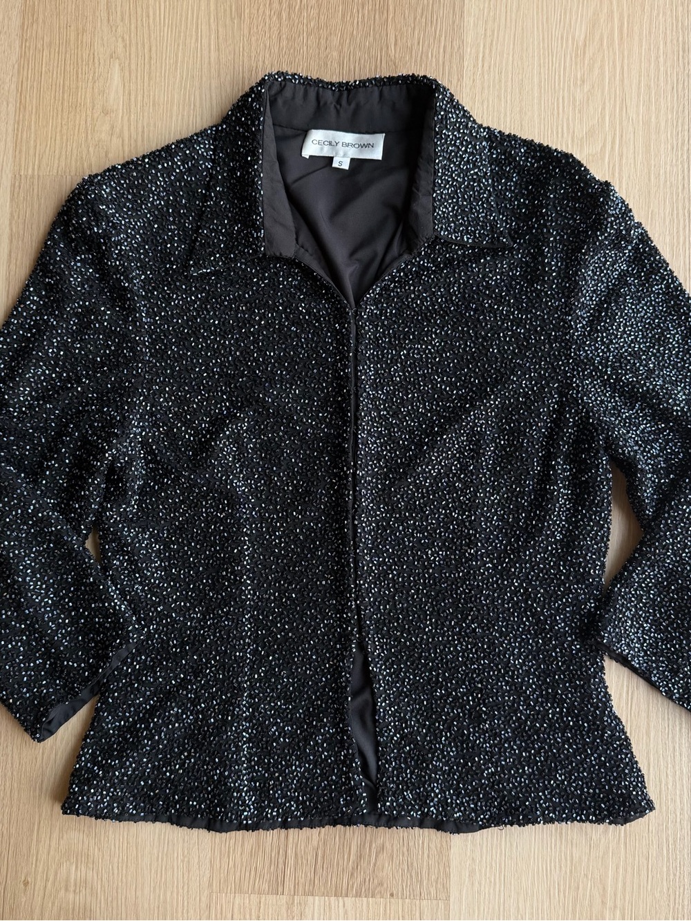 Cecily Brown 100% Silk Black Beaded Lined Hook&Eye Front Jacket Women’s Size S